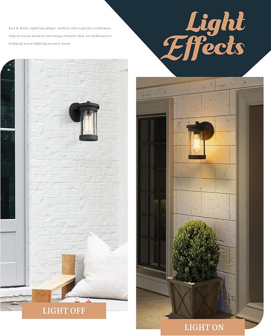 Ken & Ricky Outdoor Wall Light Fixture,Exterior Lighting Fixtures,Modern Sconce Lights for Porch Patio Garage Front Door (Black,Seeded Glass, 2PK)
