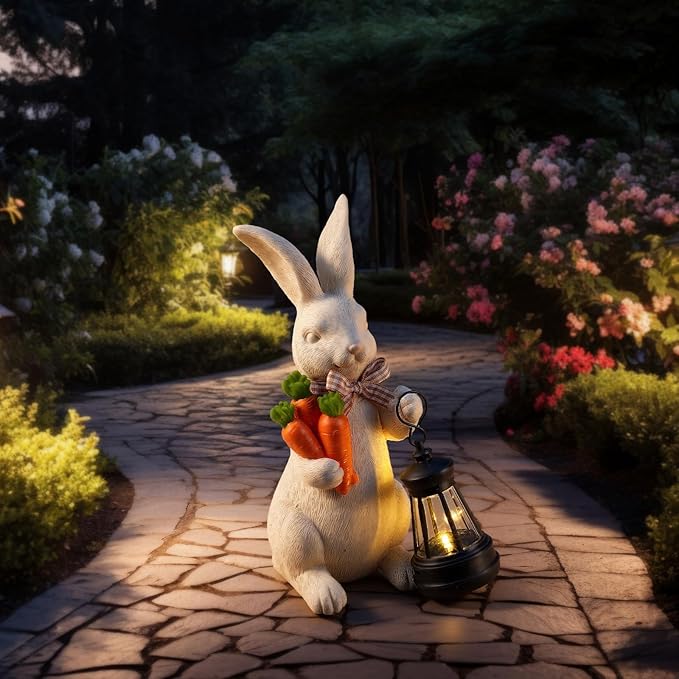 Retisee Solar Easter Garden Statue Resin Garden Bunny Statue with Carrots LED Lights Outdoor Bunny Solar Light Figurine Decoration for Yard Patio Lawn Gift for Easter Spring Holiday Outdoor Decor
