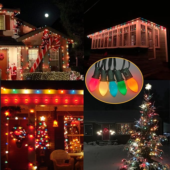 Christmas Lights Outdoor 25Ft C7 Incandescent Christmas Lights with 27 Multicolor Ceramic Glass Bulb(2 Spare), Connectable Vintage Xmas String Light for Outside Patio Porch Party Wedding Garden Decor