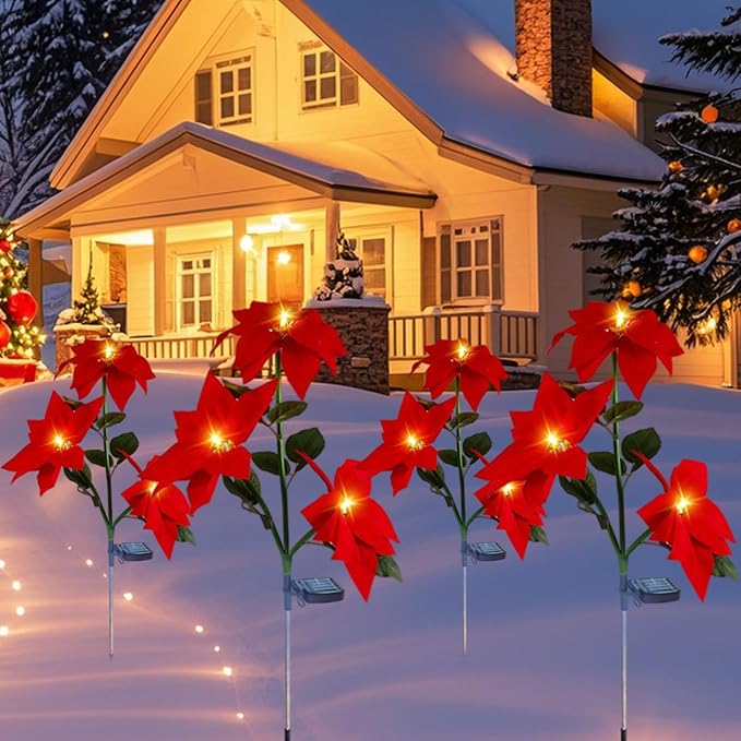 4PCS Solar Flower Lights Waterproof Solar Poinsettias Artificial Christmas Flowers Light with Stake for Pathway Yard Garden Patio Lawn Outdoor