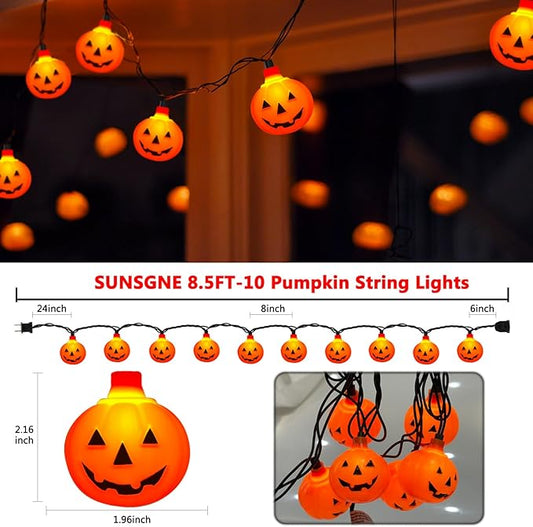 SUNSGNE Halloween Pumpkin String Lights 8.5ft Orange Hanging Decorative String Light with 10 Round Pumpkin Lights for Indoor Outdoor Halloween Party Thanksgiving Day Decor
