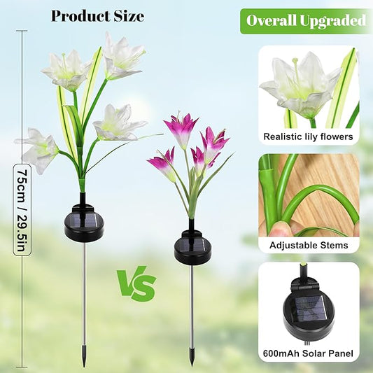 Solar Powered Lily Flower Lights Outdoor, Waterproof Color Changing Garden Lights with Large Solar Panel, 2 Pack for Patio, Yard, Pathway Decoration