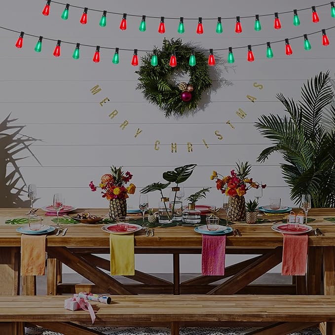 50Ft Outdoor Multicolor String Lights, LED Dimmable Christmas Red/Green Lights Outdoor Waterproof with 25 ST38 Red/Green LED Bulbs, 2700k Shatterproof for Backyard Gazebo Porch Garden Outside Decor