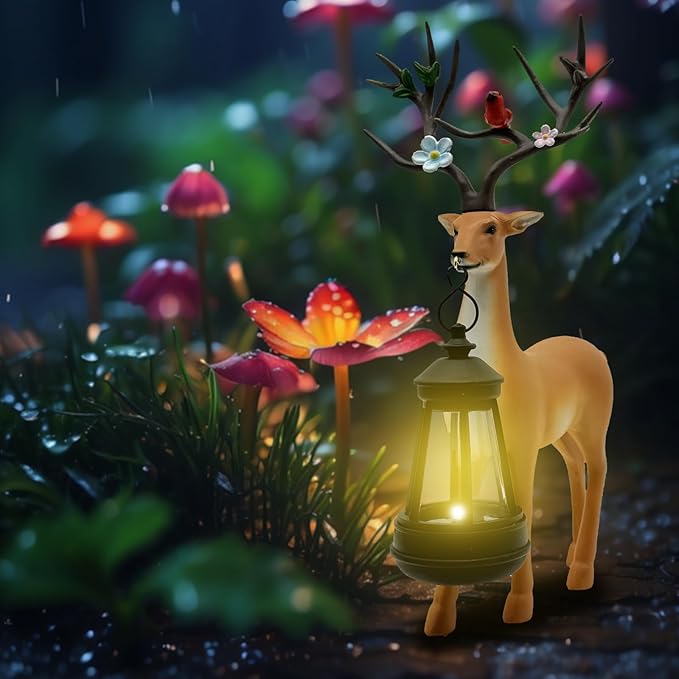 Solar Lantern Garden Statues Decor, 12" Outdoor Deer Figurine Lights for Yard Patio Decoration - Unique Christmas Housewarming Gift for Grandma Wowen Mom