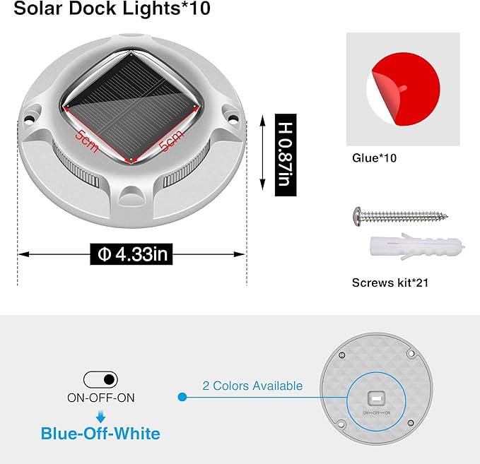 Solar Driveway Lights - 10 Pack, IP68 Waterproof, 2 Color Modes (Blue/White) for Step, Sidewalk, Pathway, Patio, Garden