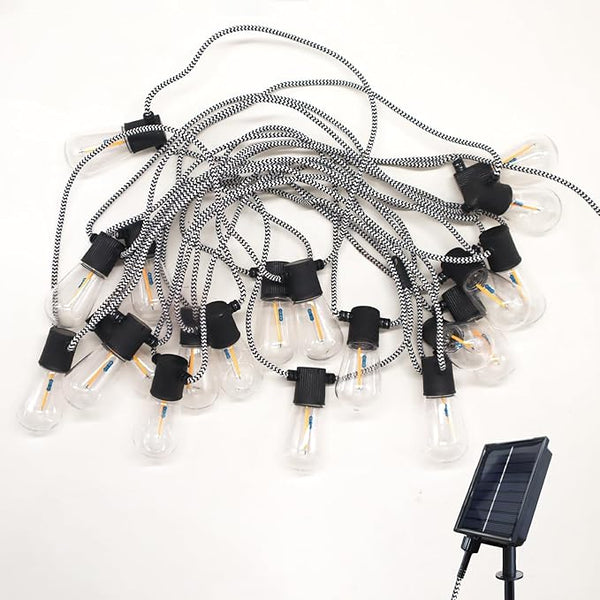 Solar String Lights Outdoor IP44 Waterproof, Black and White Braided Cord Solar Powered Patio Lights with Vintage | Lumora
