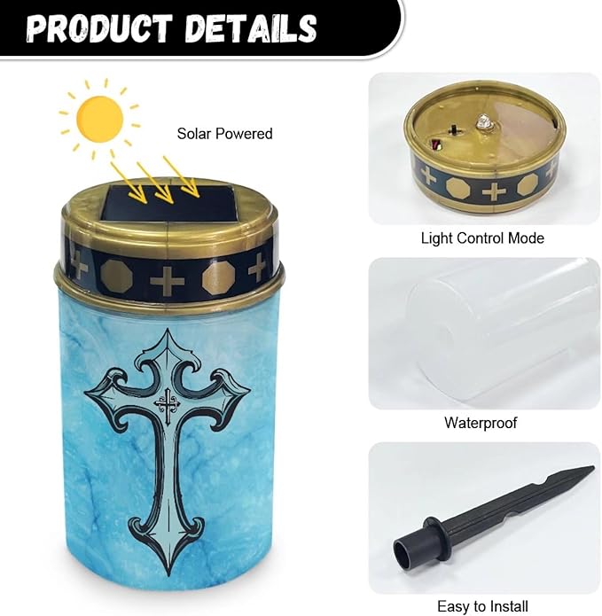 Blue Cross Solar Memorial Lights for Graves for Men Outdoor Waterproof Garden Stake Cross Lights for Grave Cemetery | Lumora