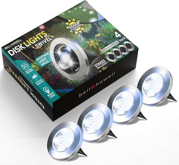 Bell+Howell Swivel Disk Lights Deluxe Set of 4 Inground Solar Lights with 8 LED Bulbs Solar Power Outdoor Lights | Lumora