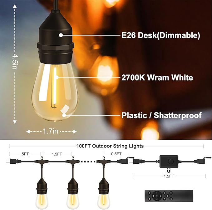 100FT Outdoor String Lights with 64+4 Bulbs (1.5FT Bulbs Spacing), Remote & Dimmer, Commercial Patio String Lights | Lumora
