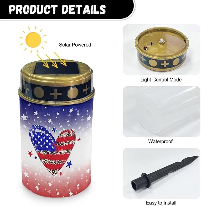 American Flag Heart Garden Solar Outdoor Lights Eternal Light Lawn Lamp Waterproof Solar for Outside Cemetery Garden Decorations Yard Lawn Pathway Figurines