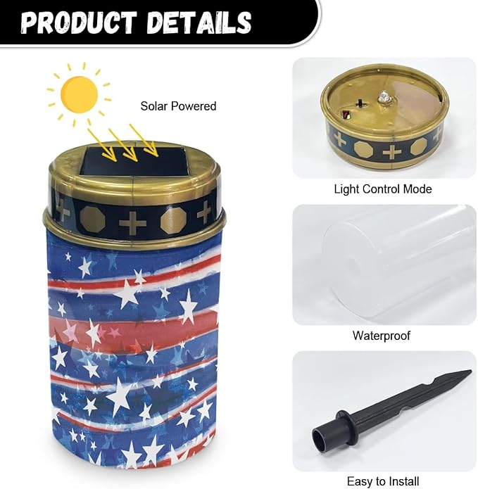 American Flag Stripes Cemetery Solar Lights for Grave Printed Solar Garden Lights for Cemetery Solar Lights Outdoor Garden, Eternal Lights for Cemetery Grave Decorations