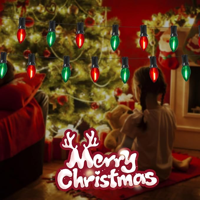 C7 LED Christmas Lights, 25FT Classic Christmas String Lights with 27 Clear Red and Green C7 LED Bulbs(2 Spare), Hanging Lights for Outdoor Patio Wedding Party Decor, Green Wire