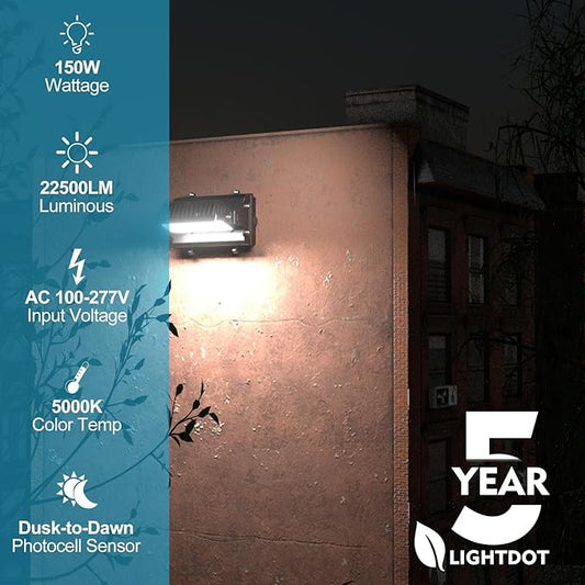 Lightdot 2Pack 150W LED Wall Pack Lights, 360° Adjustable Panel with Dusk to Dawn Photocell, 22500Lm 5000K, IP65 Waterproof & Advanced Heat Dissipation Outdoor Security Lighting(Height:10~20ft)