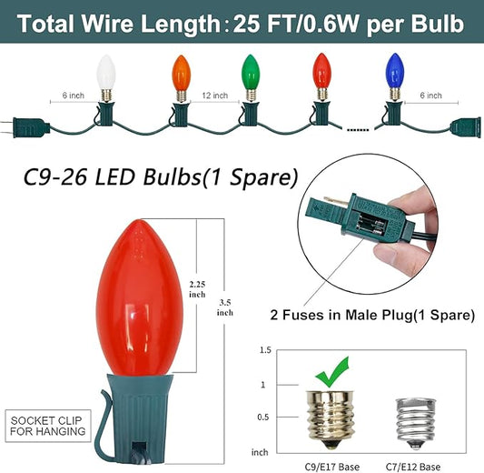SUNSGNE C9 LED Christmas Lights Outdoor 25FT Multicolor String Lights with 27 0.6W LED Plastic Bulbs(2 Spare) for Patio Garden Roofline Backyard Décor, Green Wire