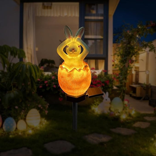Solar Easter Egg Bunny Lights Outdoor, Waterproof Easter Solar Lights Rabbit Bunny Garden Statue Easters Yard Egg Decorations Outdoor for Outside Cemetery Grave (Orange Don't Hear)