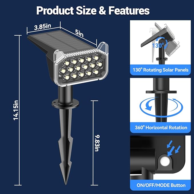 WdtPro Solar Spot Lights Outdoor Waterproof, Bright Solar Lights Outdoor with 16 Extra-Large LEDs, 3 Modes Landscape Spotlights, 2-in-1 Solar Powered Light for Yard Flag Garden, 2 Pack, Cool White