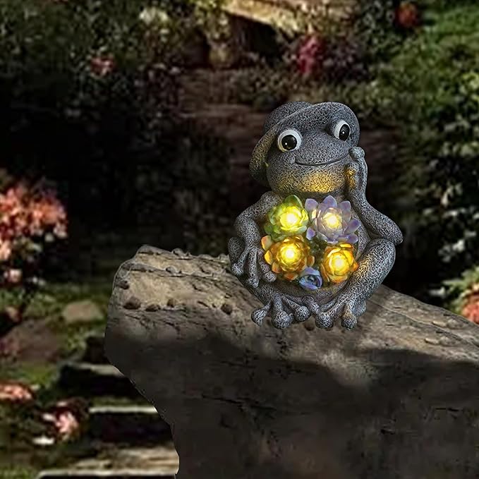 belon Outdoor Garden Decor, Solar Yard Outdoor Frog Statue with Lights and Succulent, Waterproof Solar Lights Frog Figurine for Lawn, Patio, Pathway, Balcony, Yard Decor, Gift for Mom/Family