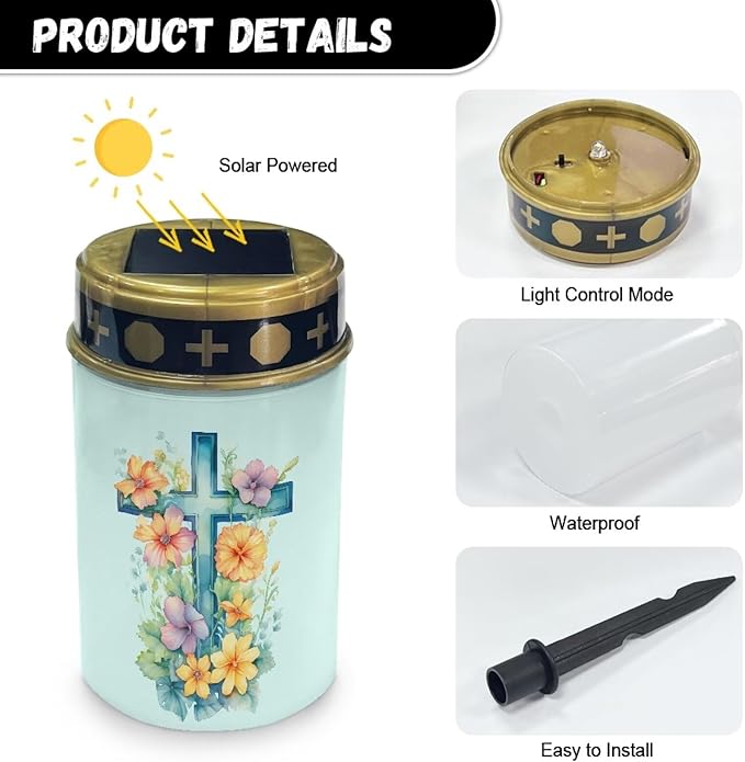 Flower Cross Outdoor Garden Solar Lights Waterproof Solar Powered Lights Multipurpose Memorial Cemetery Decorations Auto On/Off Landscape Lights Outside Gift for Loss of Loved One