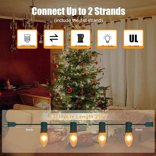 25Ft Frosted White Christmas Lights C9 Vintage Christmas String Lights with 26 Frosted White Bulbs(1 Spare) Hanging Outdoor String Lights for Patio Holidays Christmas Prom Party Wedding- Green Wire