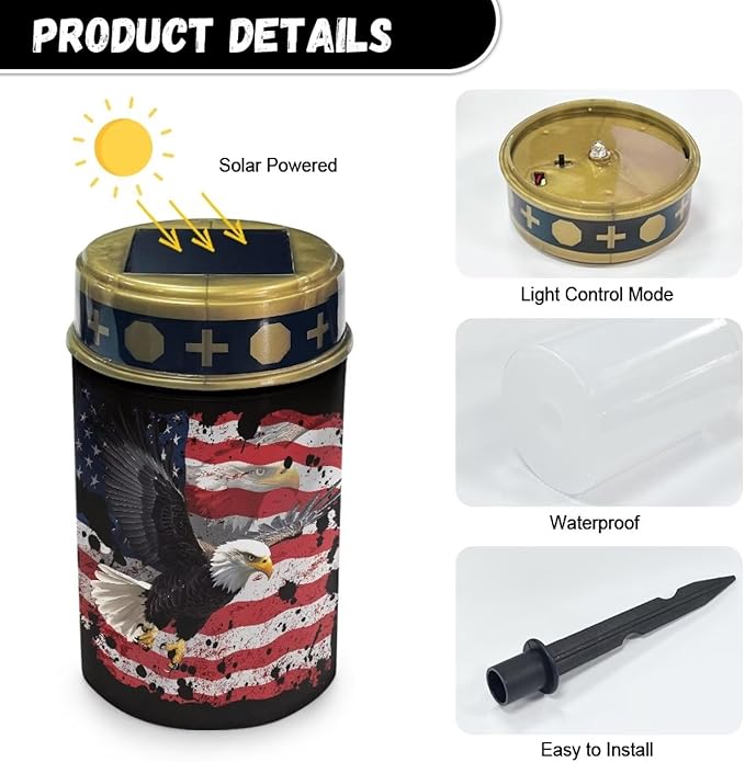 Poceacles Solar Lights Pack of 2 Outdoor Grave Solar Lights for Cemetery Decoration Solar Outdoor Lights Cemetery Solar Lamp for Garden Lawn Backyard Pathway Decor, Eagle American Flag Splash