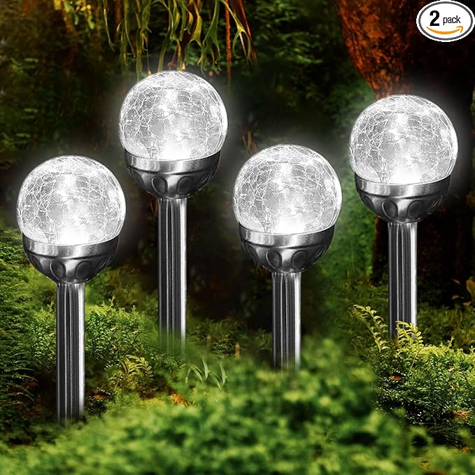4 Pack Solar Lights Outdoor, Cracked Glass Ball Solar Garden Lights, Decorative LED Landscape Light for Patio Pathway Decor, White