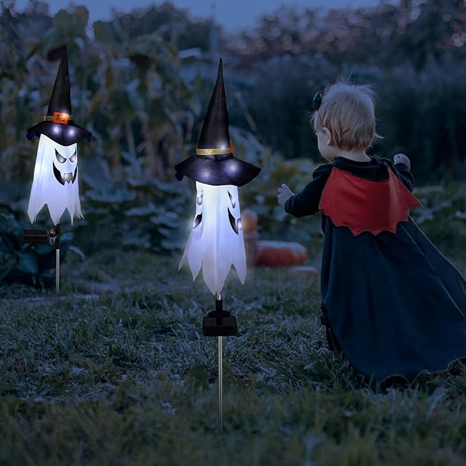 Riakrum 2 Pcs Halloween Solar Pathway Lights Solar Halloween Ghost Witch Hat Stake Lights Decorations Outdoor Big Spooky Ghost Decor for Pathway Porch Yard Walkway Lawn Garden Indoor Outside Party