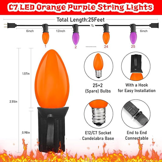SUNSGNE C7 LED Halloween String Lights Outdoor, 25FT Orange Purple String Lights with 27 Shatterproof Plastic LED Bulbs(2 Spare) for Patio Balcony Backyard Decor, Black Wire