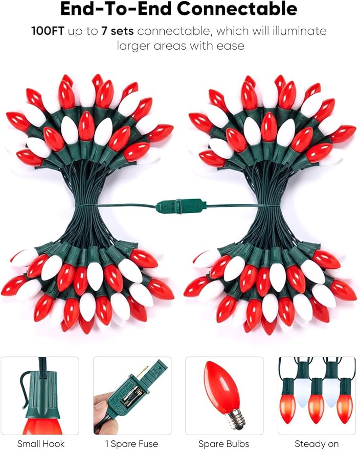 Vintage C9 LED Christmas Lights Outdoor, 100 Feet String with 100 Shatterproof Matte Bulbs, Connectable Waterproof Tree Lights for Holiday Roofline Backyard Garden Decor, Red & Pure White
