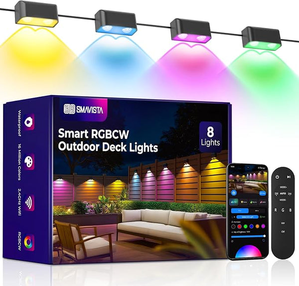 Outdoor Deck Lights 8 Packs, Smart RGBCW Fence Light, 100+ Scene Modes, Dual Lens LED String Lights with | Lumora