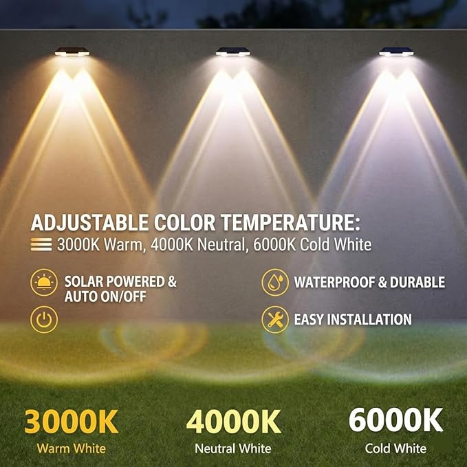Solar Fence Lights Outdoor Waterproof, 12 Pack, Adjustable Color Temperature 3000K/4000K/6000K, LED Step Lights for Patio Yard Wall Railing Garden, Auto On/Off