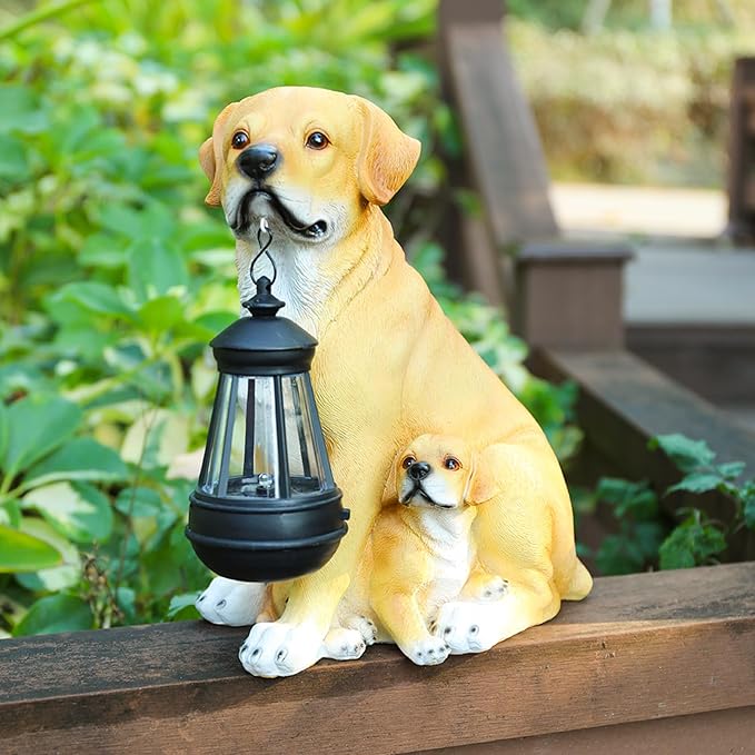 Afirst Solar Dog Statue Garden Decor- Outdoor Decor with Solar Lantern Lovely Labrador Mom with Baby Figurine Patio Lawn Yard Art Ornaments Housewarming Gift