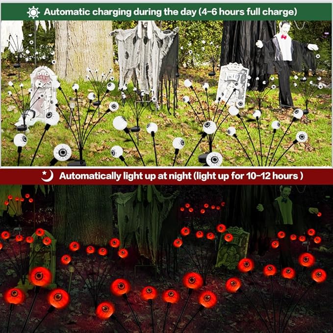 Outdoor Halloween Decorations Solar Spooky Lights-12LED Scary Eyeballs Swaying Firefly Light with Magic Party Garden Decor,Solar Halloween Path Lights for Grave Cemetery,Ghost Decor 2PACK Orange