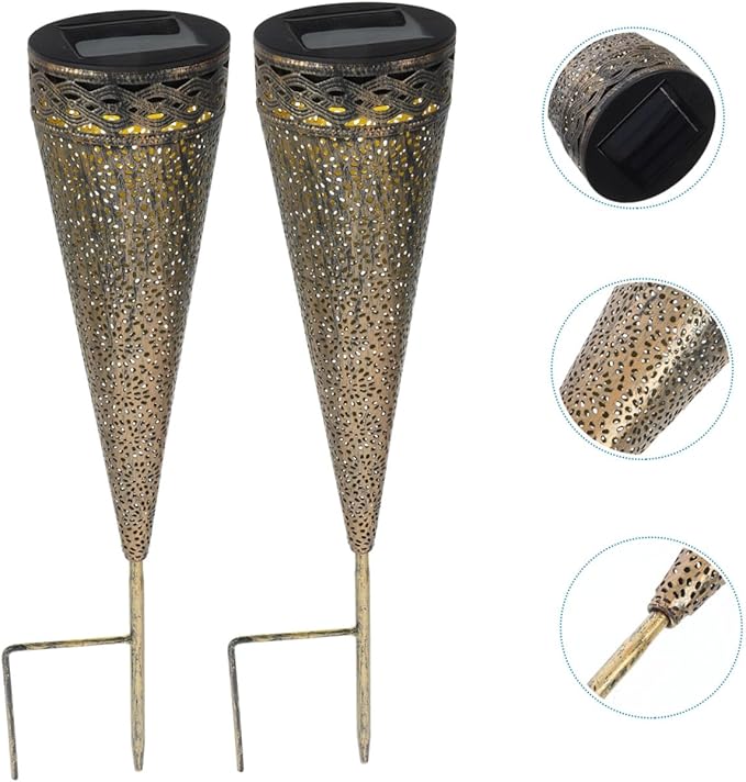 DOITOOL 2pcs Solar Pathway Lights Iron Art Cone Shape Design Decorative Lawn Lamps for Patio and Ambiance