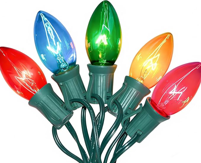 25Ft Multicolor Chritsmas Lights Outdoor, C7 Vintage String Lights with 27 Colorful Clear Incandescent Bulbs, Hanging Patio Lights for Porch Roofline Christmas Tree Garden Pathway Indoor Decor