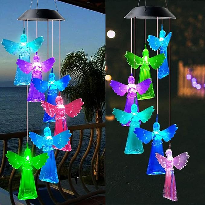 Solar Mobile Lights Hanging Wind Chime, Color Changing Outdoor Solar Garden Decorative Lights for Walkway Pathway Backyard Decoration Parties (Blue Wing Angel)