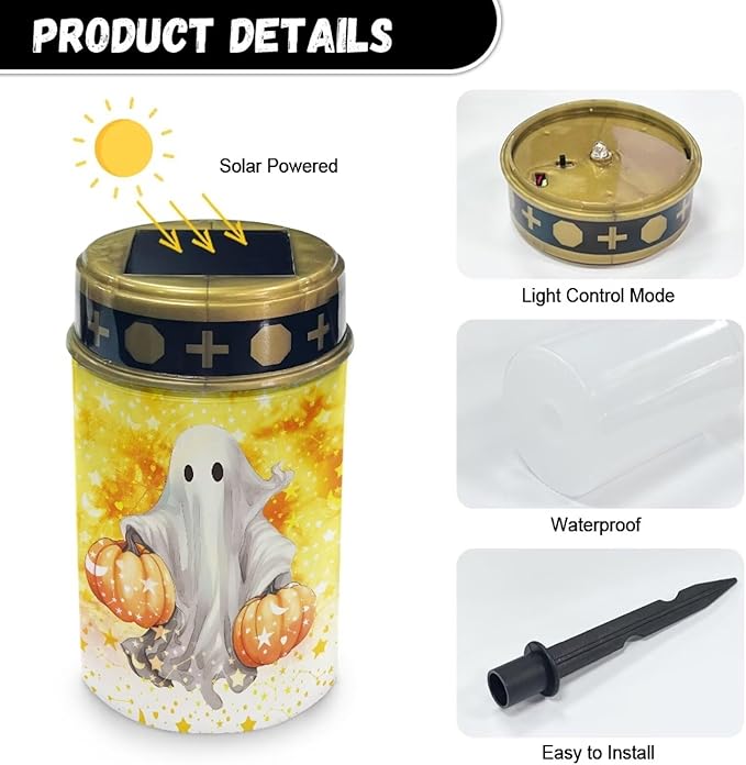 Ghost Print Cemetery Solar Light for Grave Solar Lights Outdoor Waterproof Solar Garden Light Solar Stake Lights for Pathway Back Yard Halloween Decor Solar Walkway Lights