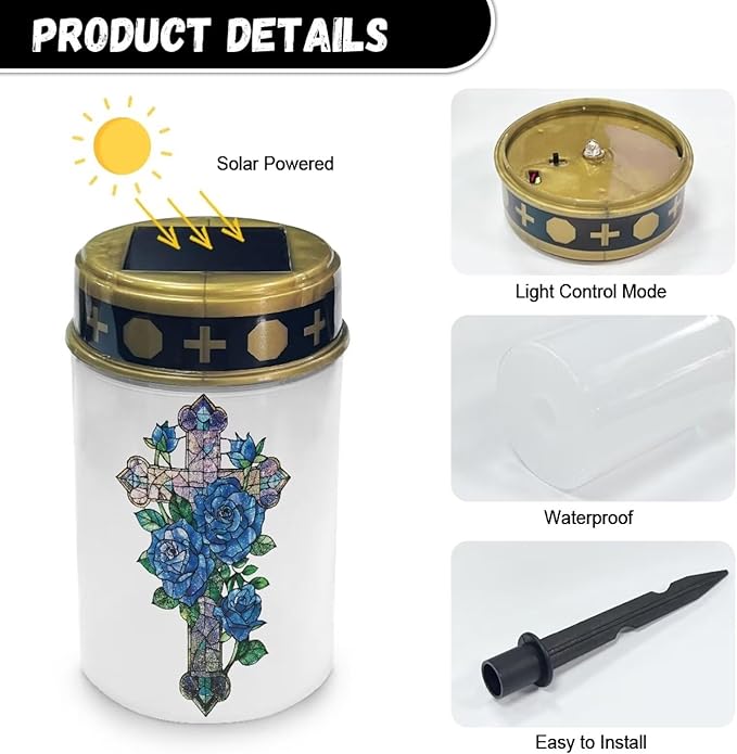 Poceacles Cross Outdoor Solar Lights - Waterproof Solar Lanterns with Blue Rose, Gothic Cross Design - Pack of 2
