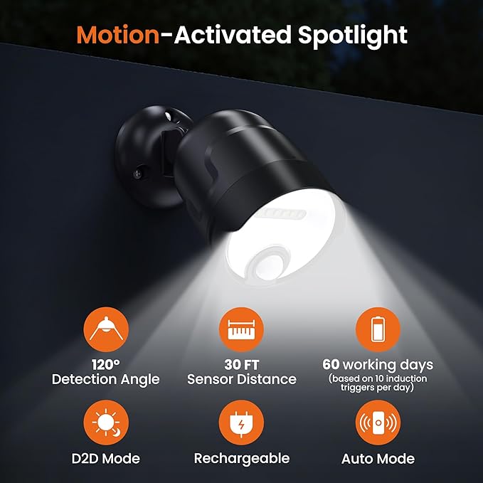 Battery Operated Motion Sensor Light Outdoor, 4000mAh Rechargeable 600 Lumen Battery Powered Spotlight Outdoor Waterproof for Porch, Garage, House(Non-Solar)