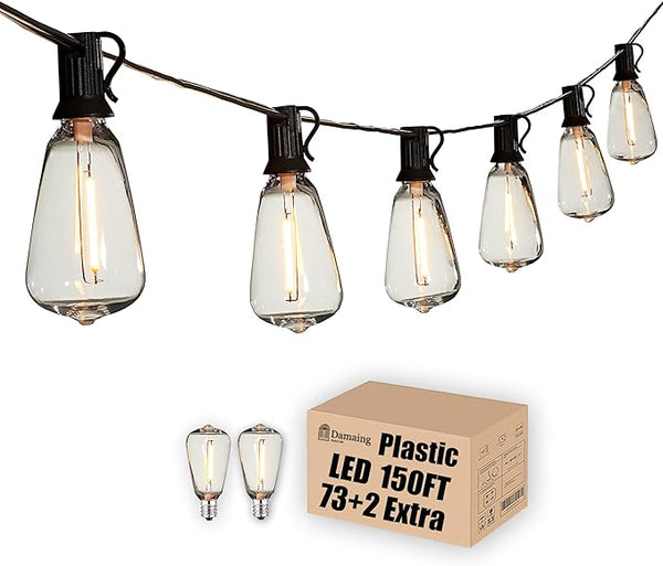 DAMAING Outdoor String Lights 150 FT Patio Lights String with 75 Dimmable ST38 Plastic LED Bulbs,Vintage | Lumora