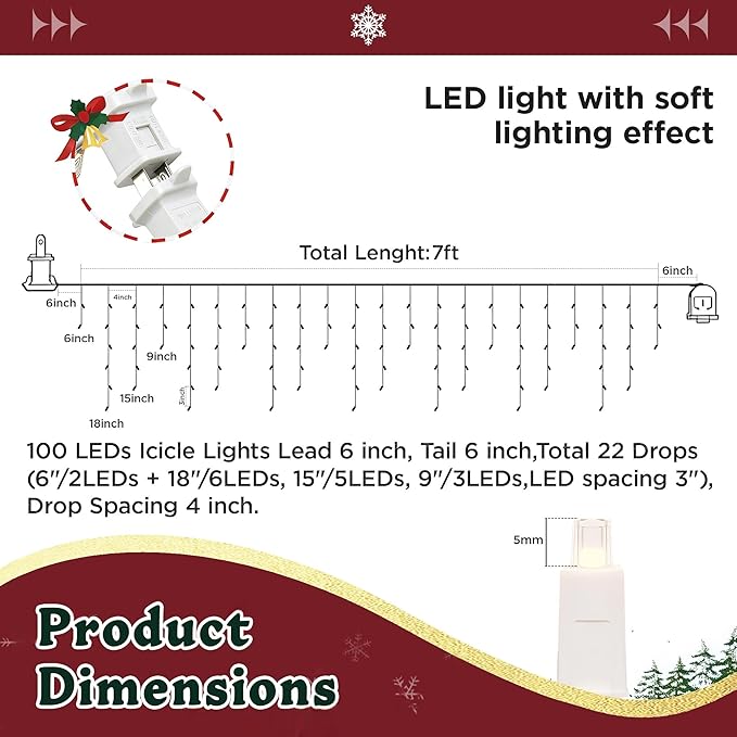 7ft Icicle Lights, 70 LED Red & White Twinkle String Lights, Commercial Grade IP68 Waterproof, Soft Glow Mini LED Icicle Lights for Christmas Party, Eaves, Roofs, Holiday Indoor Outdoor Decoration