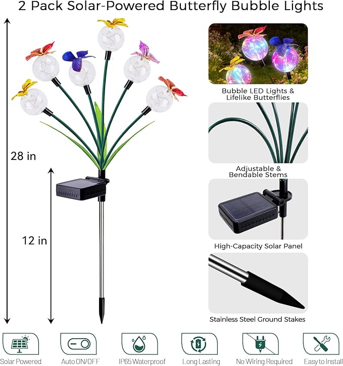 2 Pack Solar Outdoor Decorative Lights, Garden Lights Solar Powered with 12 Led Globe Lights and Butterflies, Gifts for Women Grandma, Solar Decorations for Garden Yard Lawn Ornaments (Butter Colored)