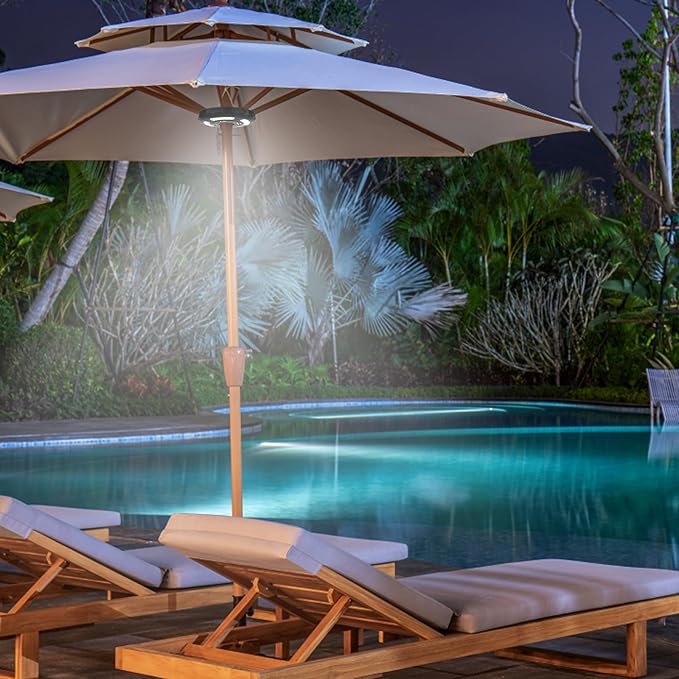 Dual-Power Patio Umbrella Light-Rechargeable & Battery Operated Umbrella Lights,3 Lighting Modes Cordless,Umbrella Pole Light for Patio Umbrellas Camping(4 AA Batteries Not Included)