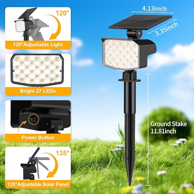 Solar Spot Lights Outdoor Waterproof Adjustable Solar Powered Landscape Lights for Yard 3 Long Time Lighting Modes | Lumora