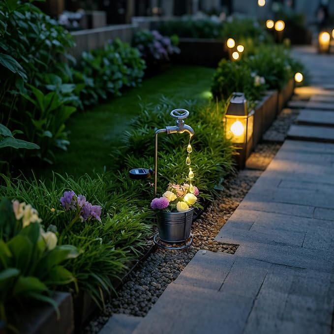 Solar Water Faucet Bucket Lights Outdoor Garden Decor, Waterproof Vintage Decorations with LED Light for Yard Lawn Patio Pathway