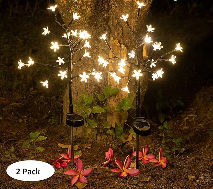 Solar Flower Fairy Light, Warm White Stainless Steel Solar Path Lights for Outdoor Landscape Lighting, Lawn, Patio, Yard, Walkway, Driveway, Garden (Warm White) (2 Pieces)