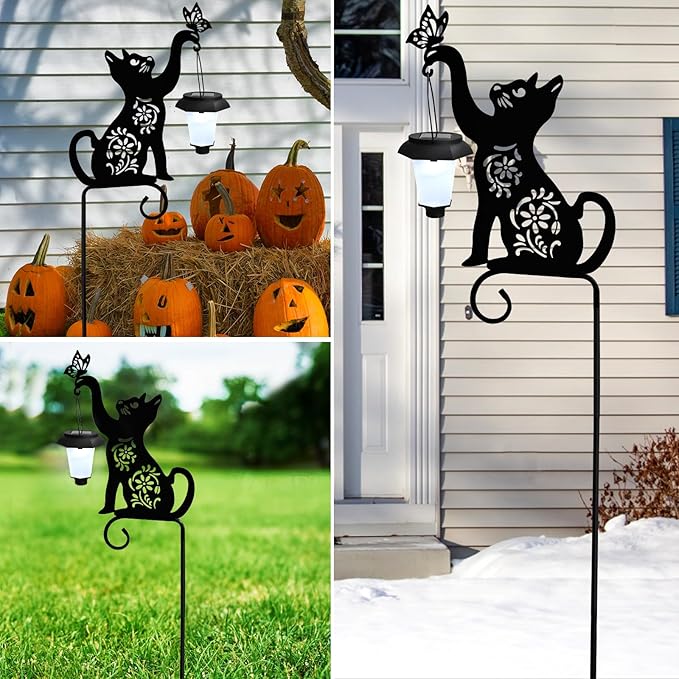 Cat Solar Lights Outdoor Garden Decoration, Cat Garden Statues, Outdoor Metal Decorative Stakes with Solar Lantern | Lumora