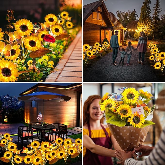 Solar Garden Sunflower Lights 2 Pack, 2025 Upgraded Sunflower Garden Decor with 2 Butterfly, Auto ON/Off Solar Yard | Lumora