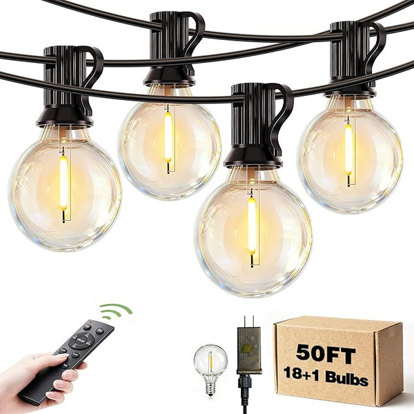 Outdoor Patio String Lights Waterproof with Remote, 50FT 18+1 G40 Edison LED Shatterproof Bulbs Hanging Outside | Lumora
