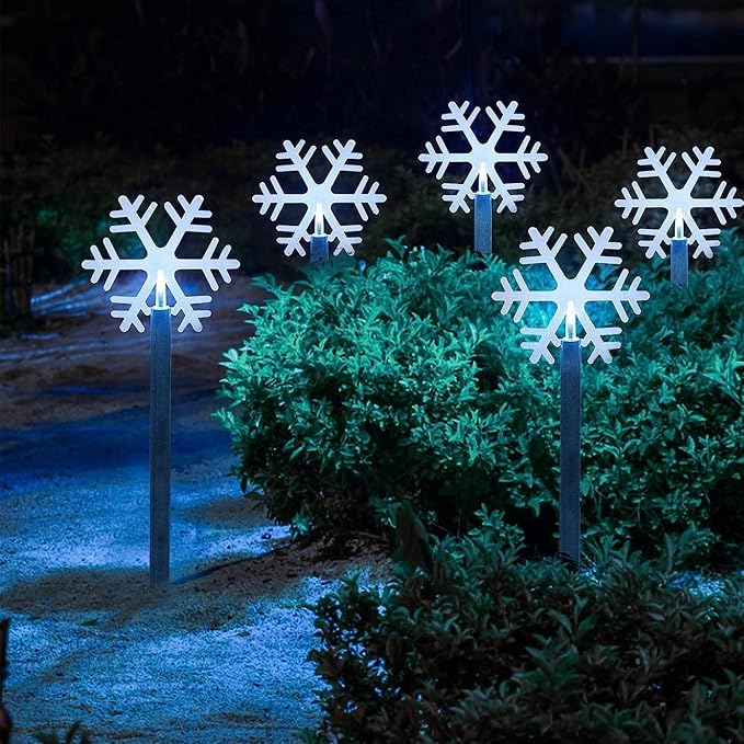 Solar Christmas Snowflake Pathway Lights, Set of 5 Outdoor Garden Lights Decorations,Waterproof Stake Decorative Light for Yard Lawn Porch Walkway Decor (Small Snowflake, 5 Pack)