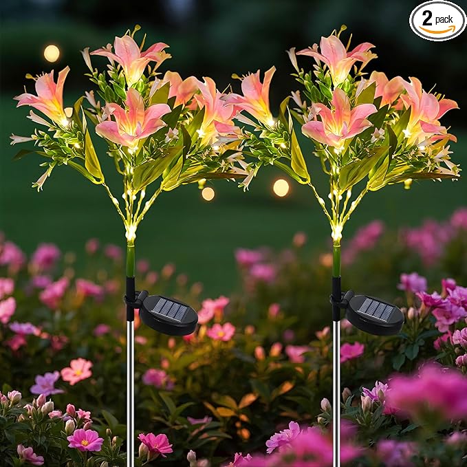 Solar Lights Outdoor, 2 Pack LED Solar Garden Lights with 14 Lily Flowers, Color Changing Waterproof Solar Flower Lights for Yard Patio Decor, Gift for Mom